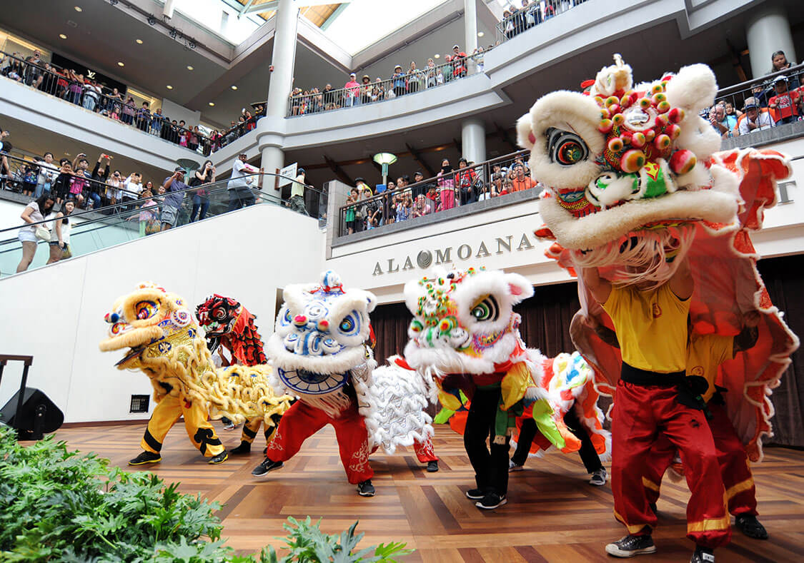 Image of center stage lion dance performance at Ala Moana Shopping Center
